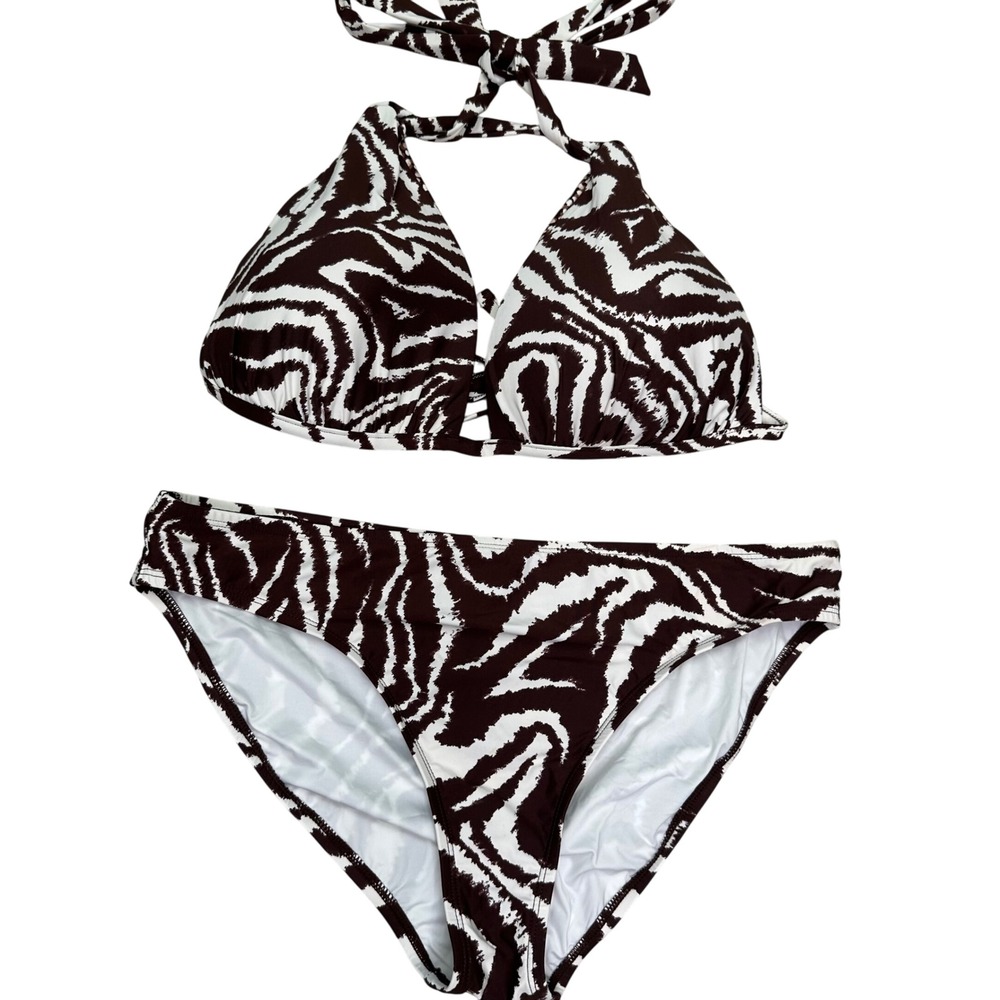 La Blanca swimsuit bikini top bottom brown cream zebra stripe animal print large